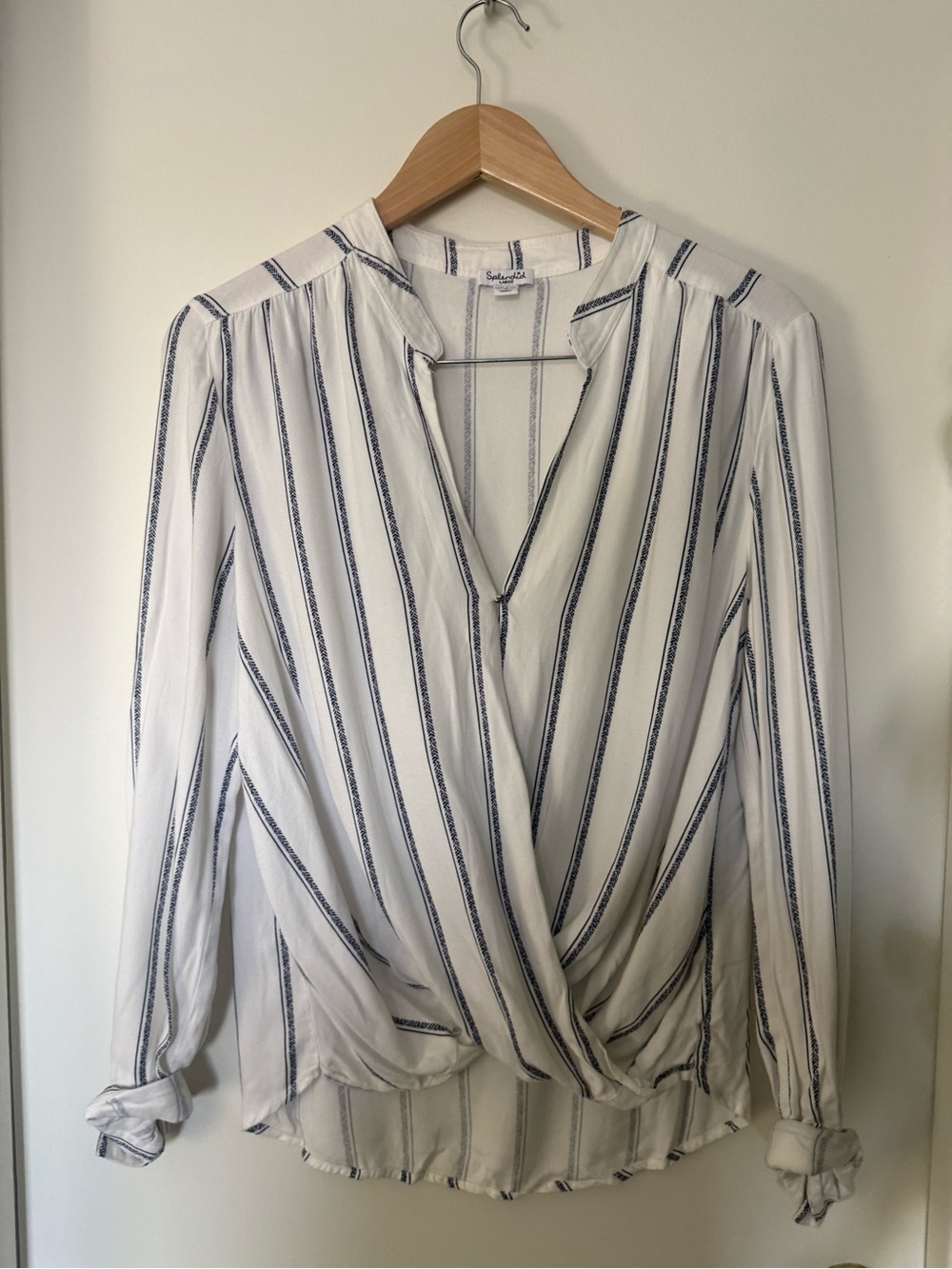 Splendid White Blue Stripe Faux Wrap Blouse Size Large Rayon Long Sleeve Top
